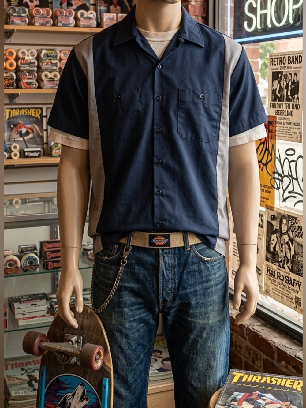 Dickies Navy and Gray Colorblock Short Sleeve Button-Down Mechanic Shirt 3XLT